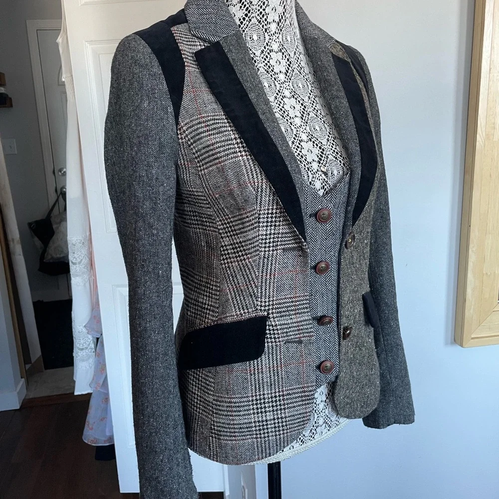 VTG Anthropologie Cartonnier Alma Mater Patchwork Herringbone Blazer Jacket.Sz 2 - Picture 4 of 10